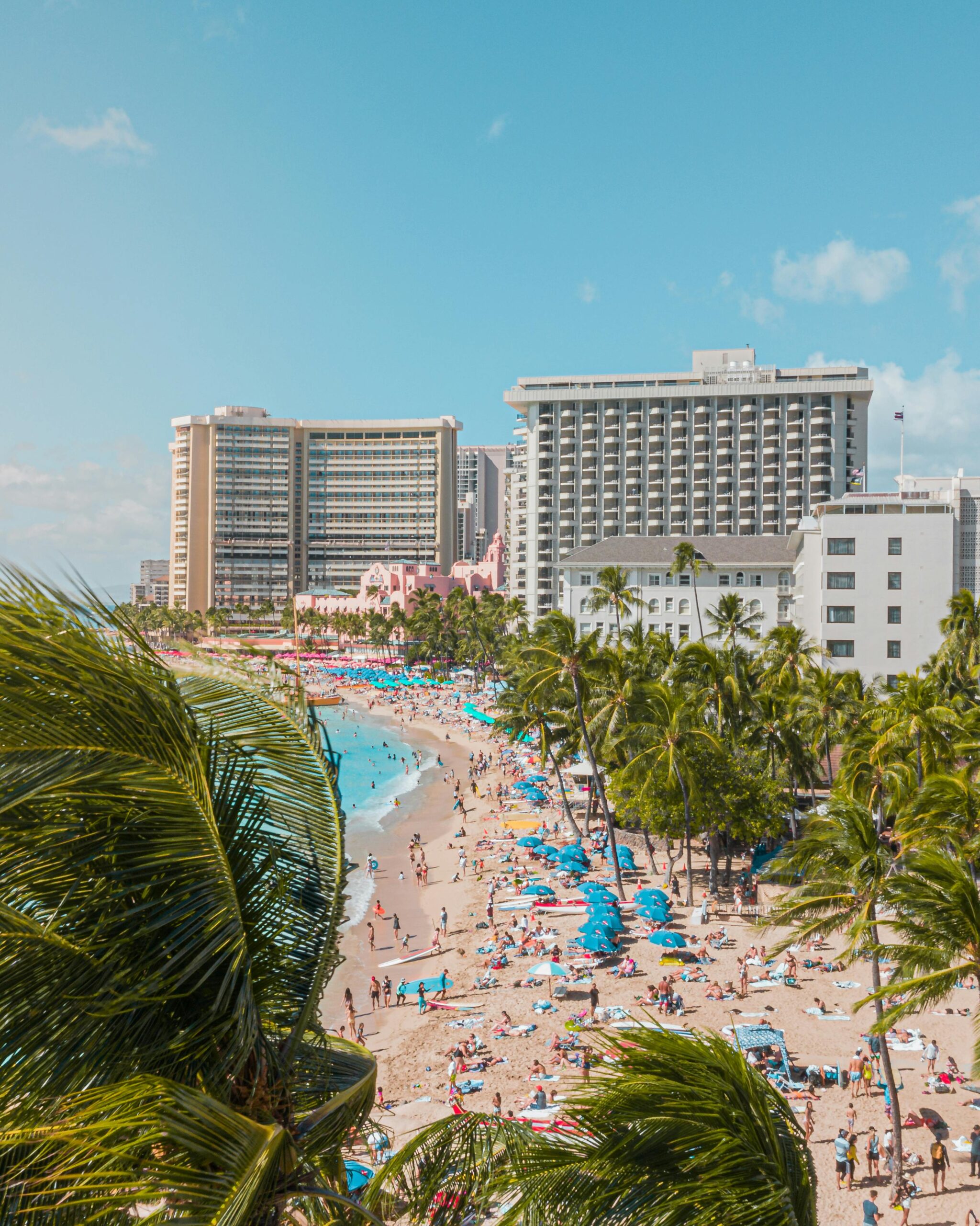 Lively scene at Waikiki Beach with surfers, palm trees, and clear blue ocean under the sun.